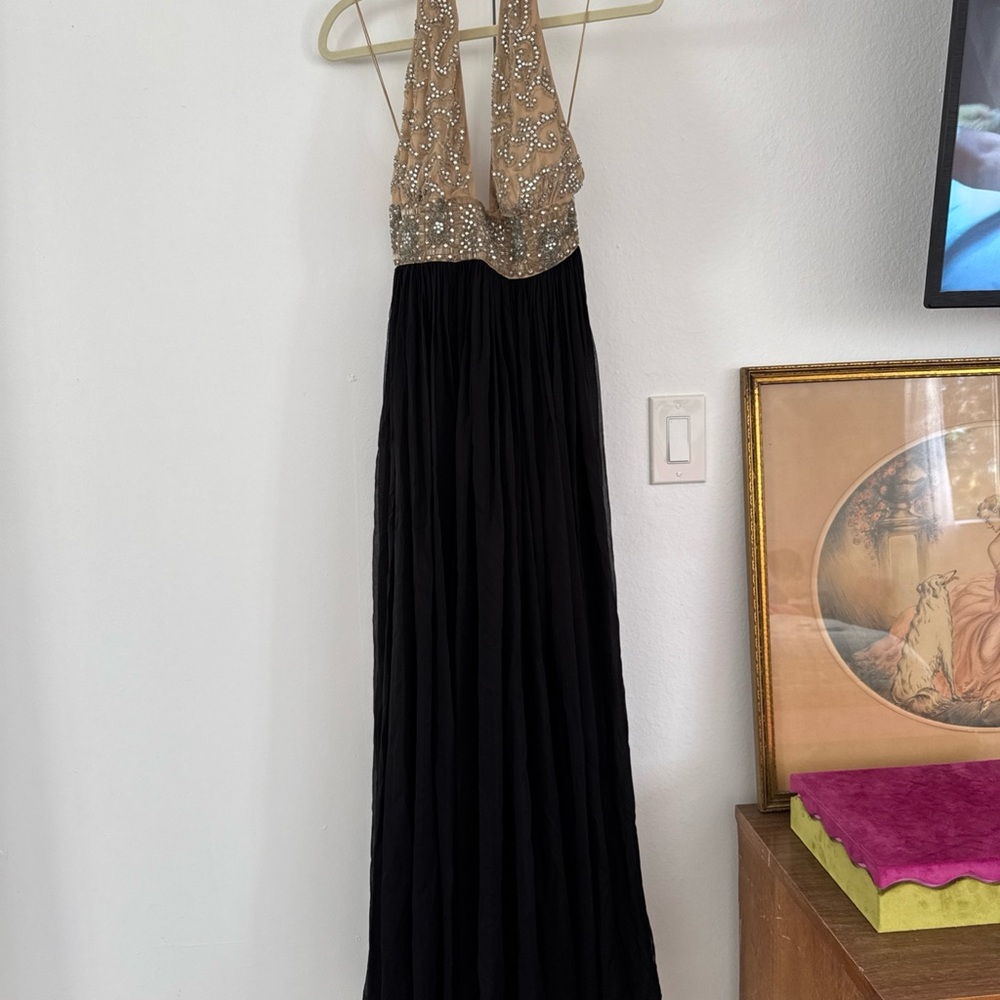 Black Silk and Gold Beaded Halter Evening Gown size Small